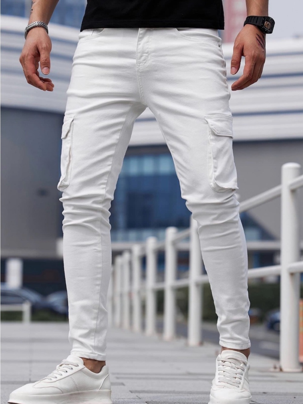 White Distressed Cargo Joggers Techwear Ripped Streetwear Pants NWOT